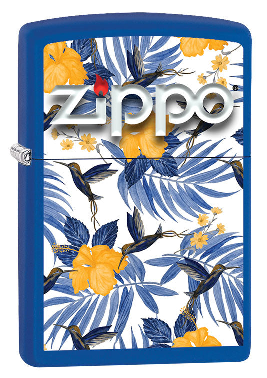 Vue de trois quarts du briquet tempête Zippo Tropical Birds Design