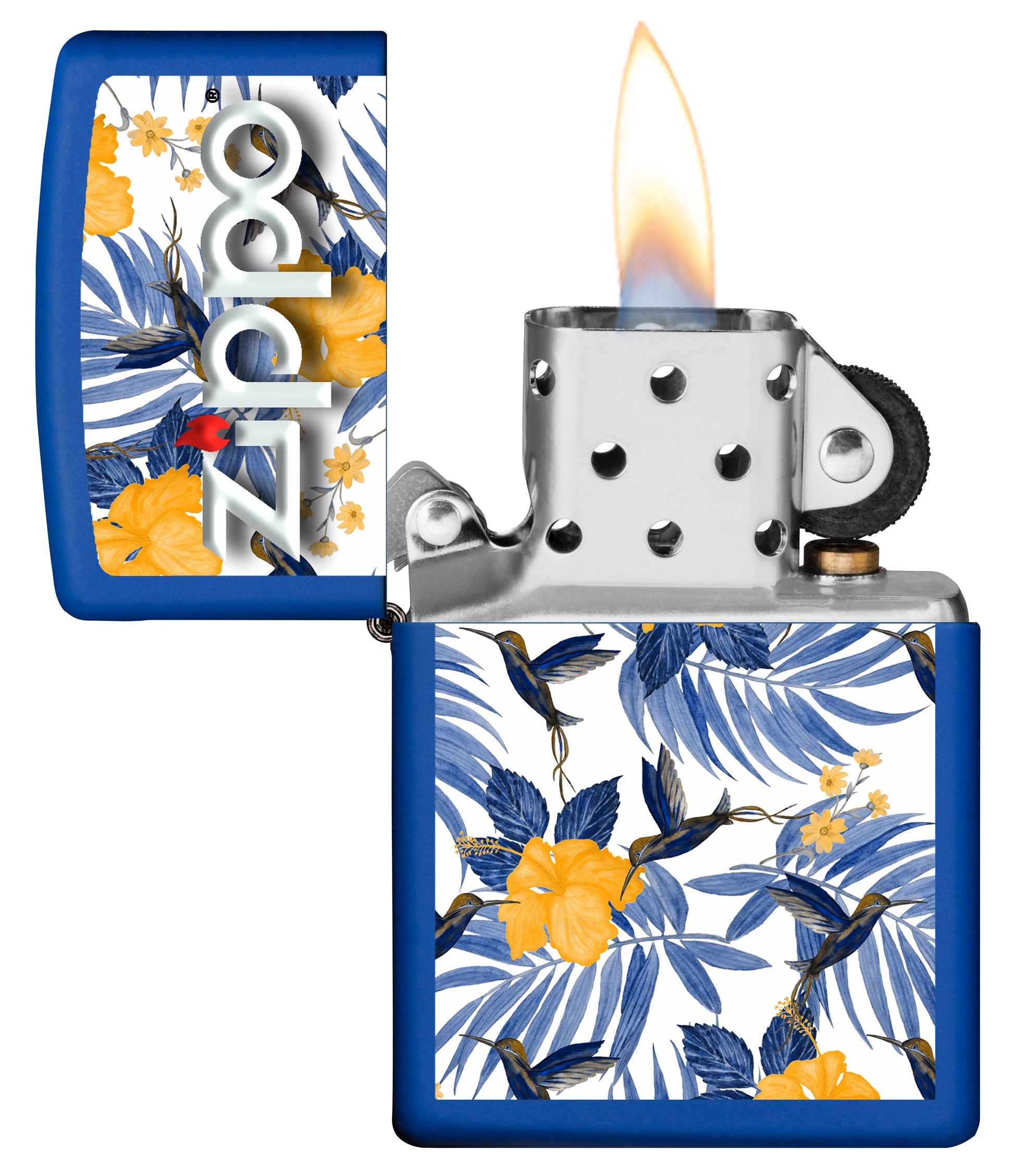 Vue de face du briquet tempête Zippo Tropical Birds Design ouvert, avec flamme