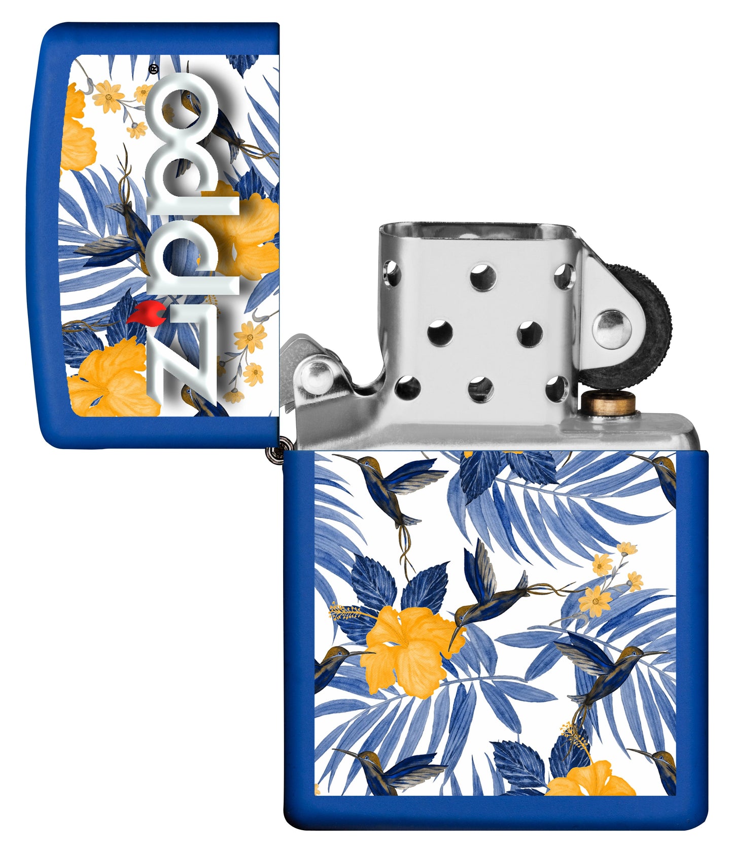 Vue de face du briquet tempête Zippo Tropical Birds Design éteint, sans flamme