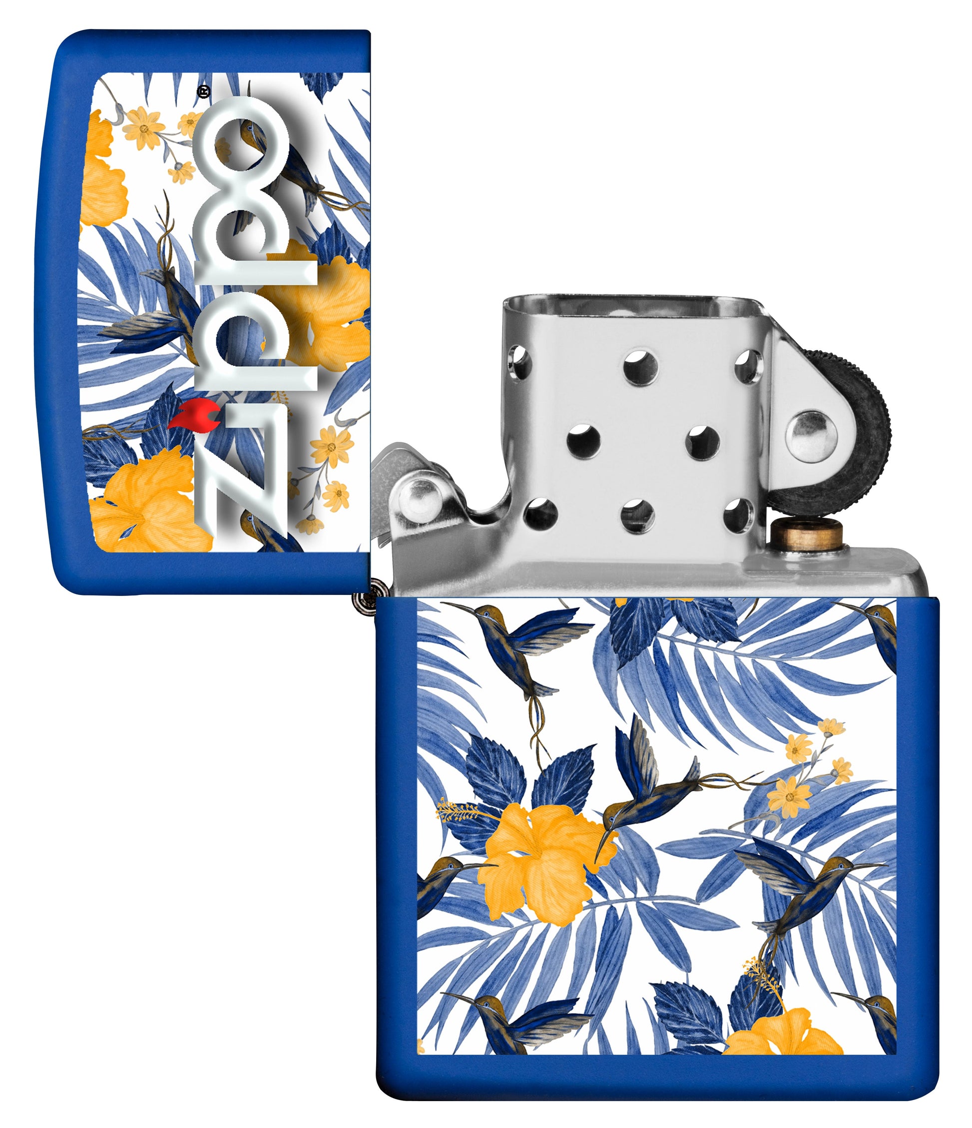 Vue de face du briquet tempête Zippo Tropical Birds Design éteint, sans flamme