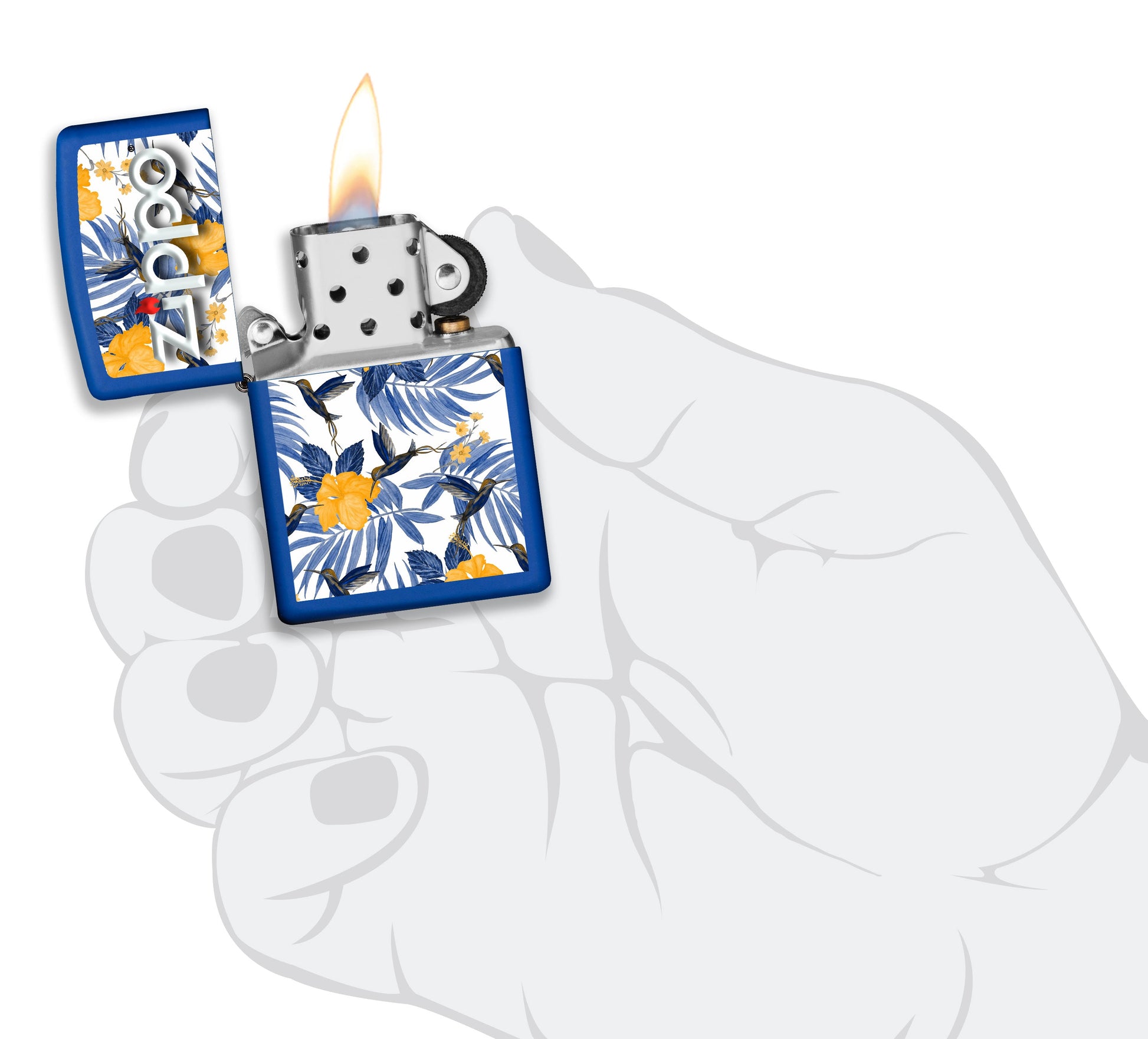 Briquet tempête Zippo Tropical Birds Design dans une main pour représenter la taille du briquet