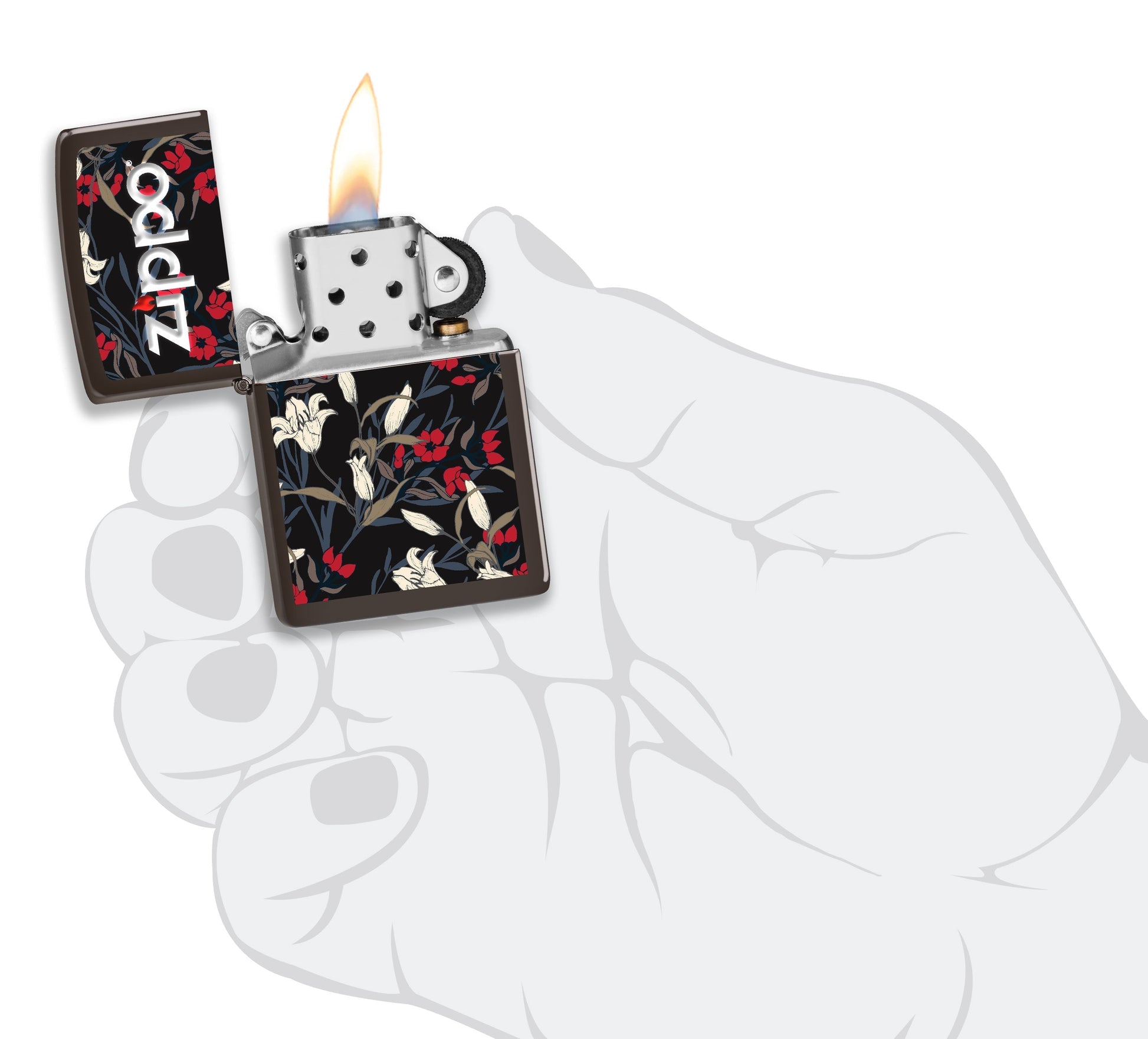 Zippo winddicht Feuerzeug Floral Design in einer Hand, um die Größe des Feuerzeugs darstellen