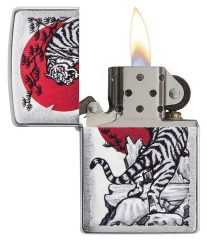 Asian Tiger Brushed Chrome Windproof Lighter with its lid open and lit