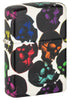 Zippo Lighter Front View ¾ angle Skulls Design with some multicolored skulls shining in the night