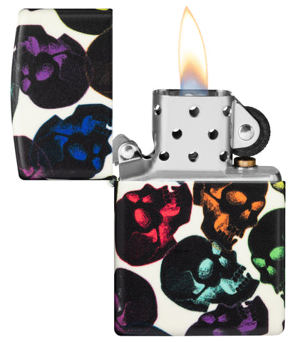 Zippo Lighter front view Skulls Design with some multicolored skulls shining in the night opened and lit
