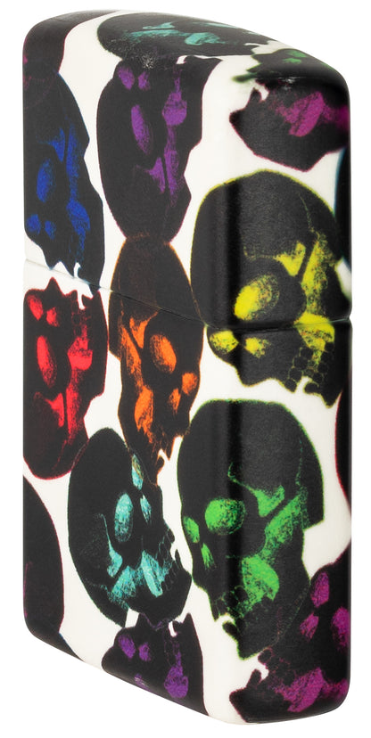Zippo Lighter Side View front ¾ angle Skulls Design with some multicolored skulls shining in the night