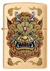 Front view of the Zippo windproof lighter Foo Dog Design, showing an imperial golden lions in the style of chinese art.