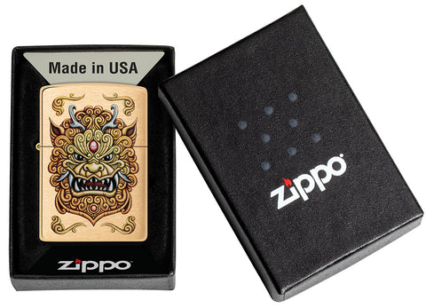 Zippo windproof lighter Foo Dog Design in its gift box, showing an imperial golden lions in the style of chinese art.