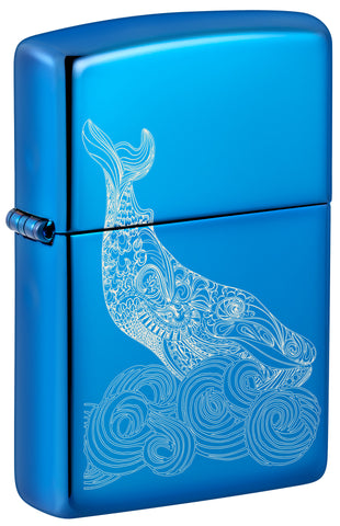 Zippo Lighter Front View ¾ Angle Whale Design shiny light blue with an engraved whale with round waves