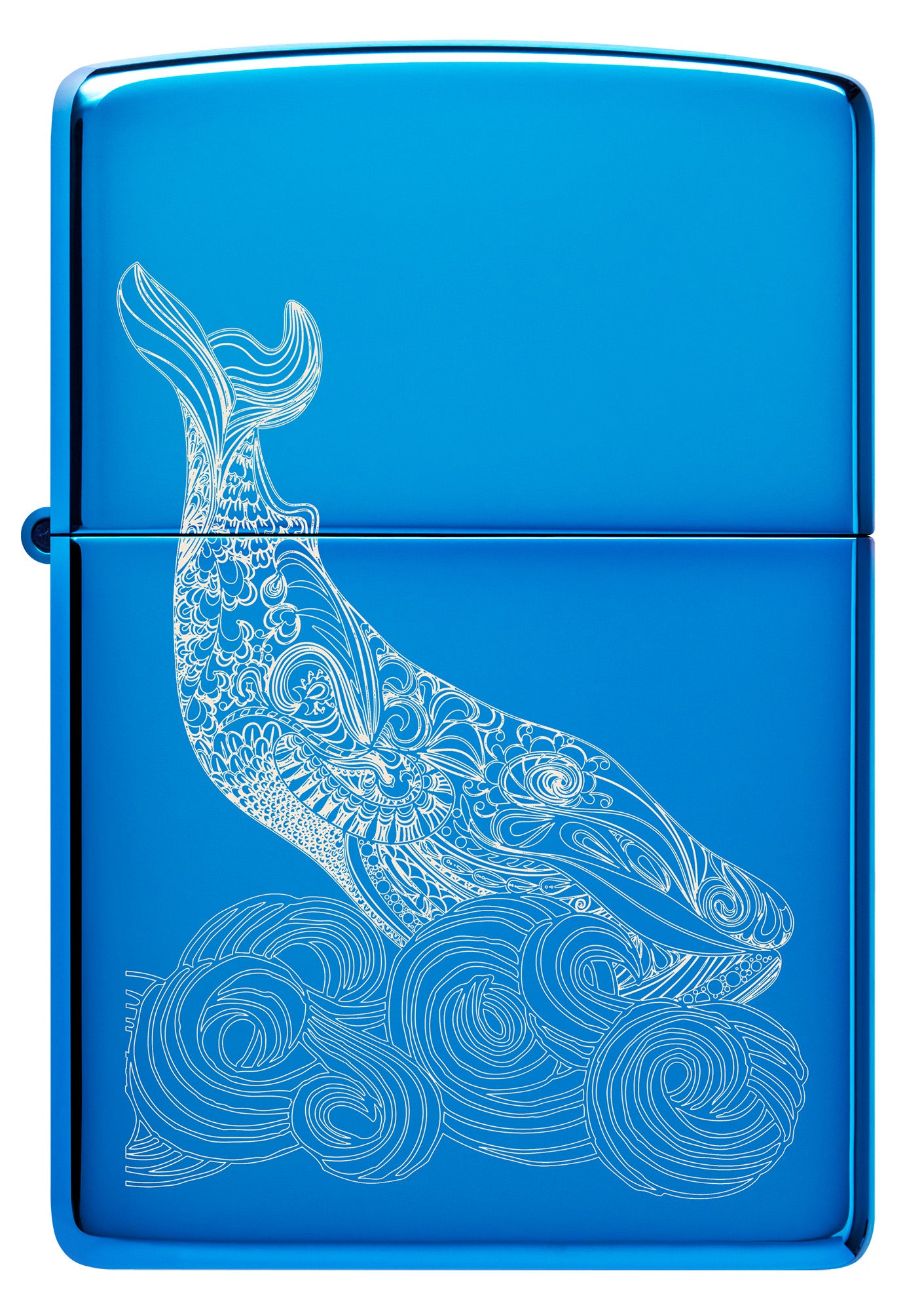 Zippo Lighter Front view of Whale Design shiny light blue with an engraved whale with round waves