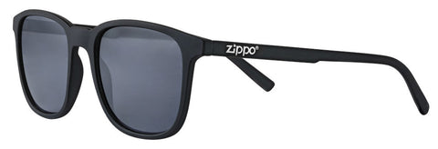Zippo Sunglasses Front View ¾ Angle With Black Lenses And Narrow Square Frame In Black With White Zippo Logo