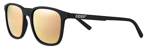 Zippo Sunglasses Front View ¾ Angle With Rose Gold-tone Lenses And Narrow Square Frame In Black With White Zippo Logo