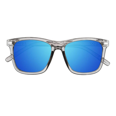 Front view of the Sixty-three Sunglasses transparent frame and blue lenses